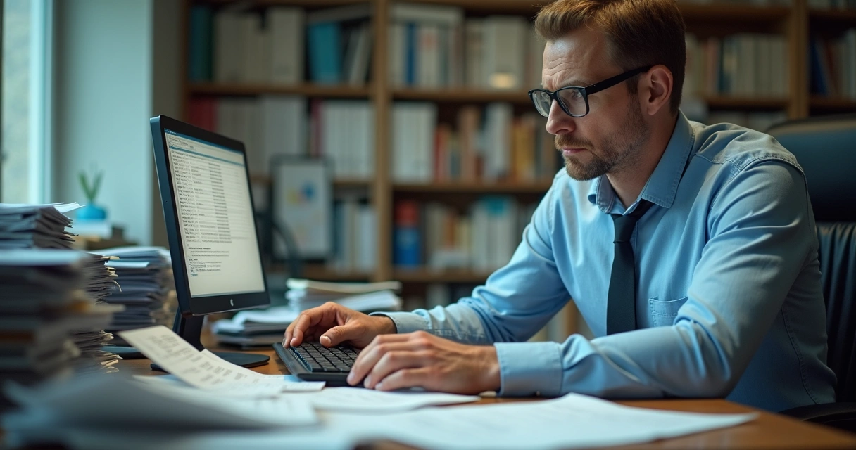 Profissional digitando manualmente dados de notas fiscais em ambiente de escritório 