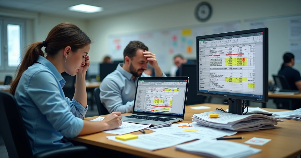 Equipe em escritório contábil sobrecarregada com muitos papéis e planilhas na tela 