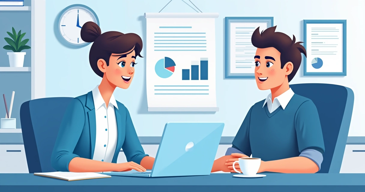 Duas pessoas em um escritório contábil discutindo o layout de um site institucional em um notebook, ambiente claro e profissional, cores azul e branco predominantes. 