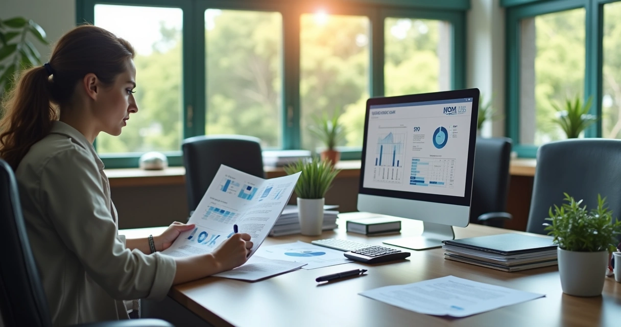 Contador trabalhando em escritório com documentos e computador 