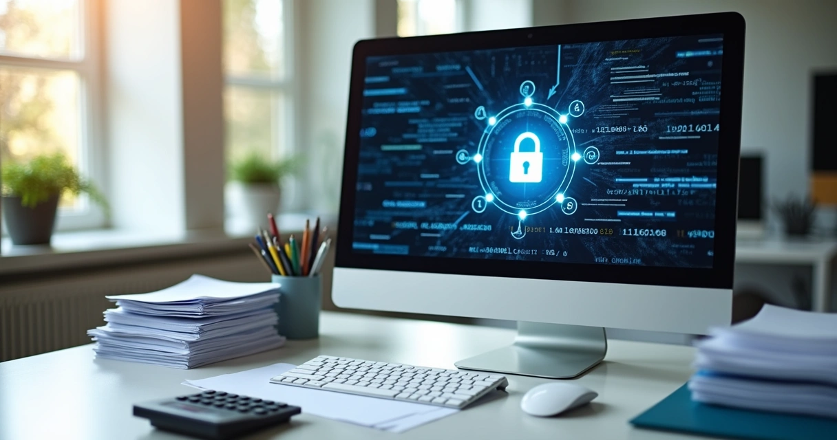 Mesa moderna de escritório com acessórios de contabilidade e computador com tela de suporte remoto 