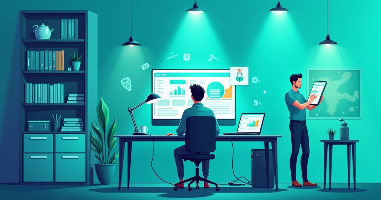 Escritório contábil moderno com contador em computador e técnico de TI ajustando equipamentos.