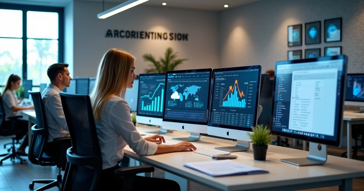Profissionais de escritório contábil usando computadores modernos em ambiente colaborativo com telas mostrando dashboards financeiros. 