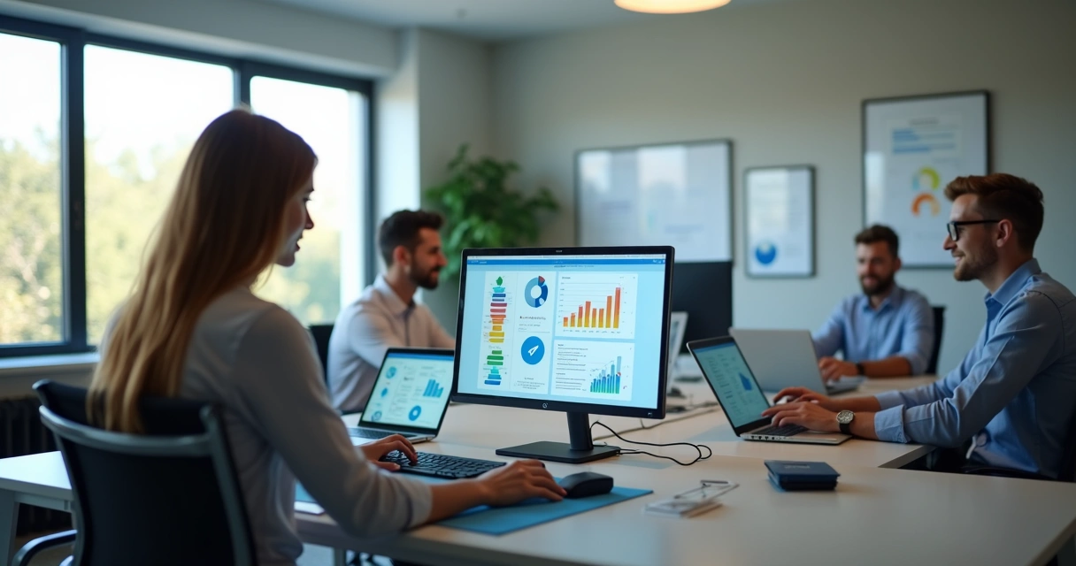 Equipe de escritório contábil usando computadores com gráficos digitais na tela 