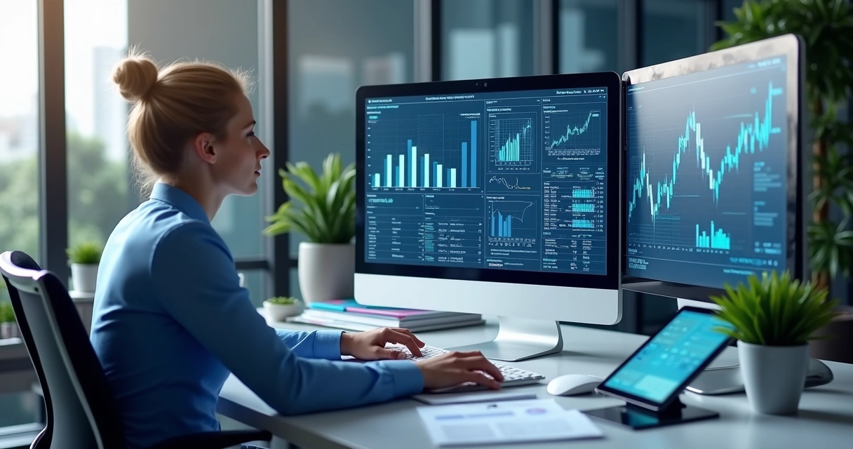 Profissional contábil utilizando computador moderno com gráficos financeiros e processos digitais no escritório 