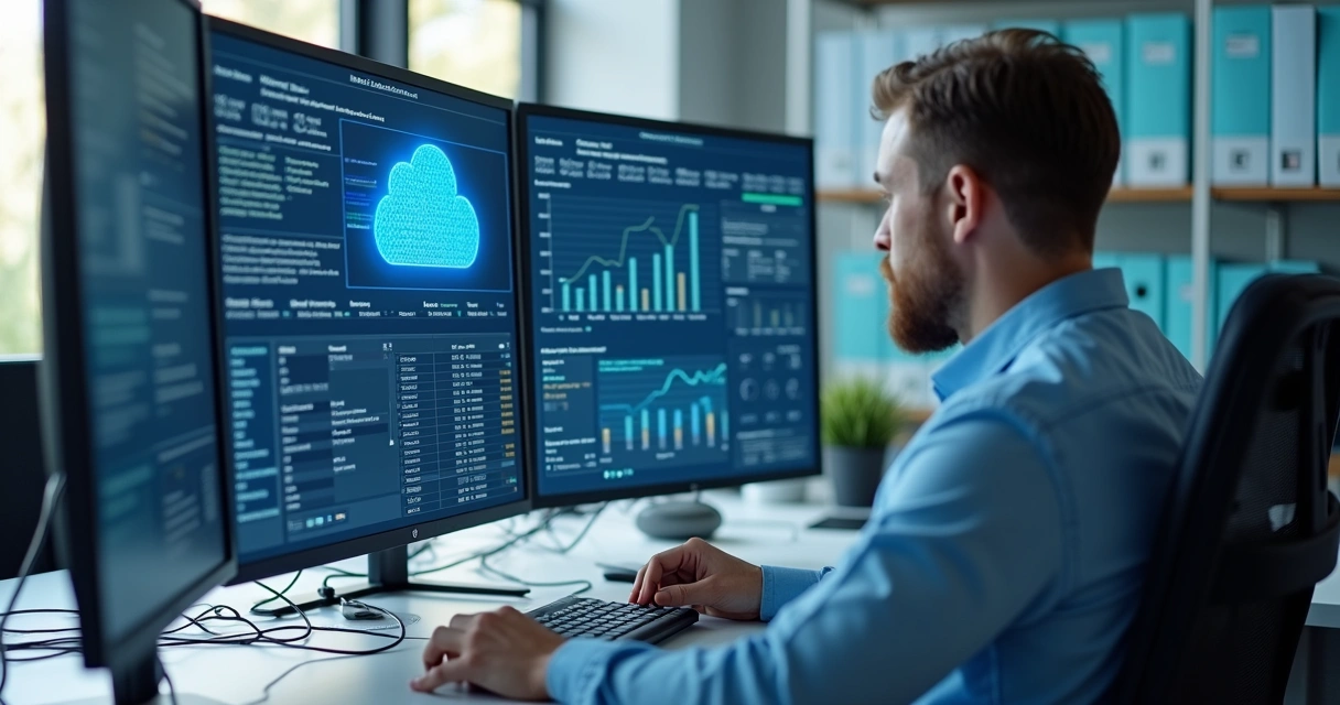 Contador em mesa de trabalho usando computador em ambiente moderno de escritório 