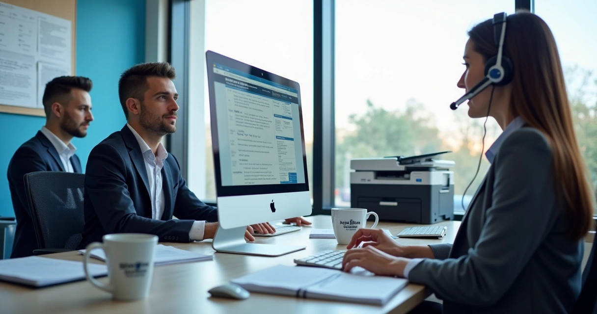 Ambiente de escritório contábil com computadores e equipe recebendo suporte de TI. 