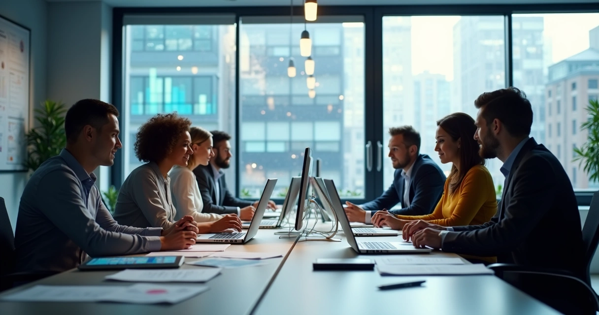 Mesa de escritório contábil com monitores, papéis e equipe em reunião 