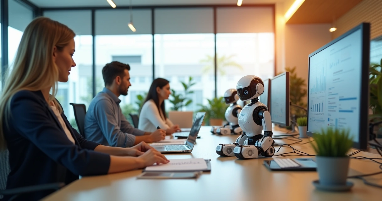 Equipe em escritório contábil moderno com robôs digitais integrados 