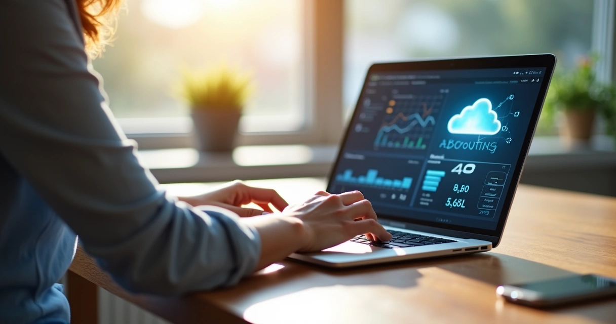 Pessoa usando notebook em um escritório virtual com papéis digitalizados, nuvem no monitor e gráfico financeiro na tela 