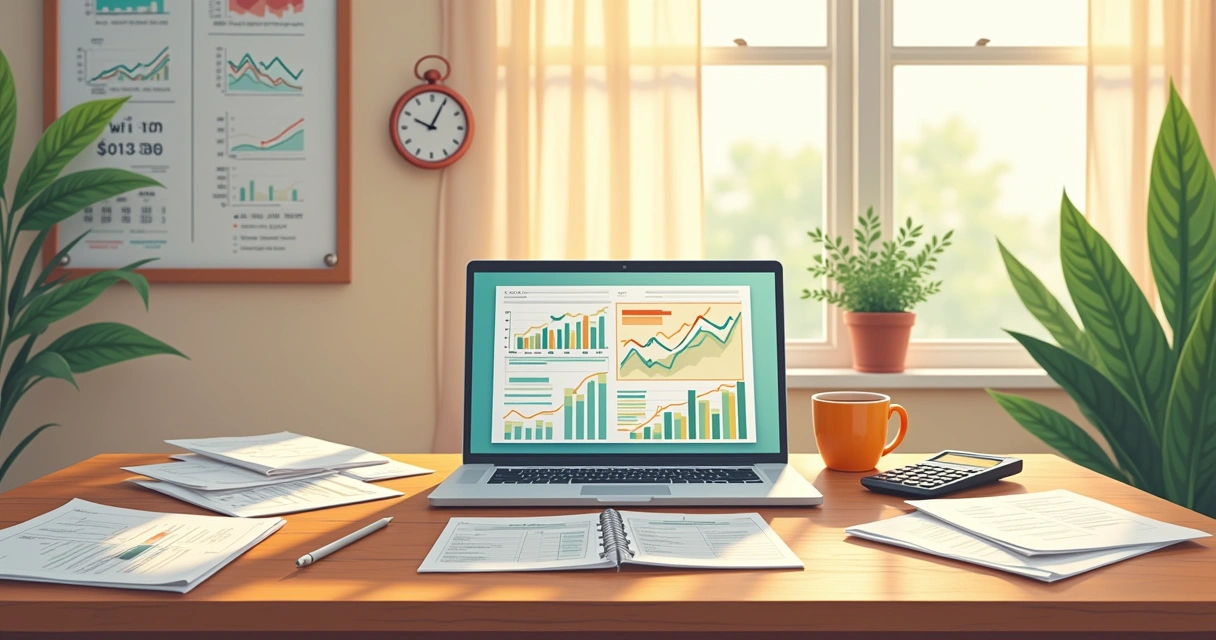 Ilustração de um escritório aconchegante com mesa, documentos, laptop e quadro de finanças.