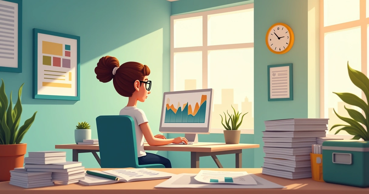 Um escritório de contabilidade com uma contadora analisando dados financeiros em um computador, com documentos e gráficos ao fundo.