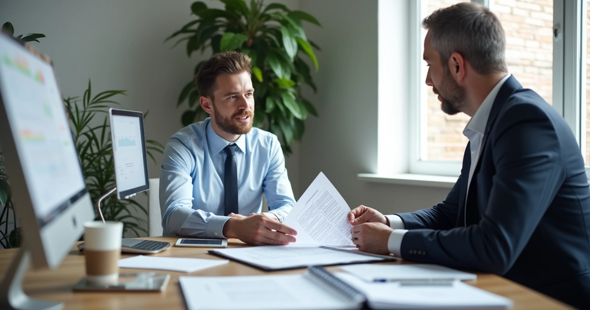 Profissional de contabilidade atendendo cliente em escritório moderno de parede clara