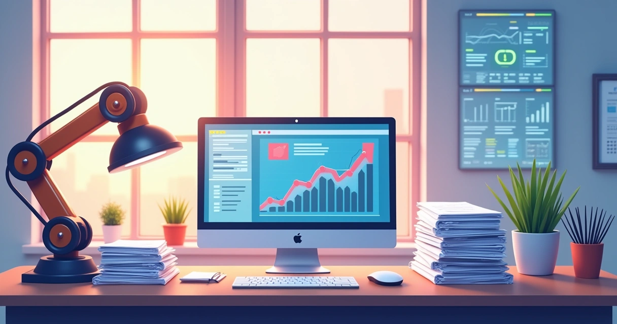 Escritório de contabilidade moderno com automação, computador, documentos organizados e gráficos financeiros.