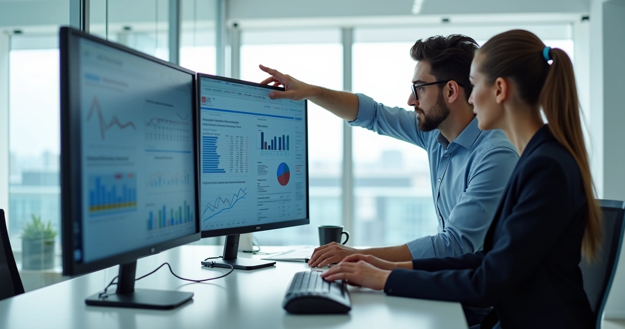 Contador analisando dados digitais em ambiente de escritório moderno 