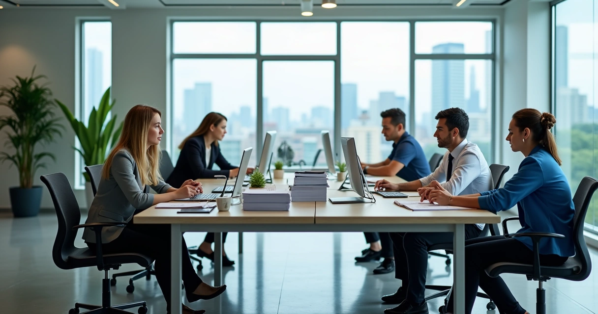 Escritório contábil moderno, computadores e papéis 