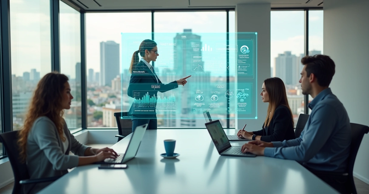 Equipe em escritório moderno colaborando com painel digital de contabilidade 
