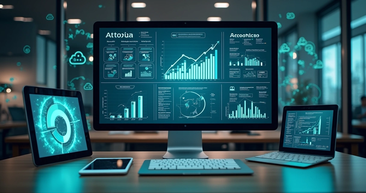 Mesa de escritório moderna com computador e gráficos digitais