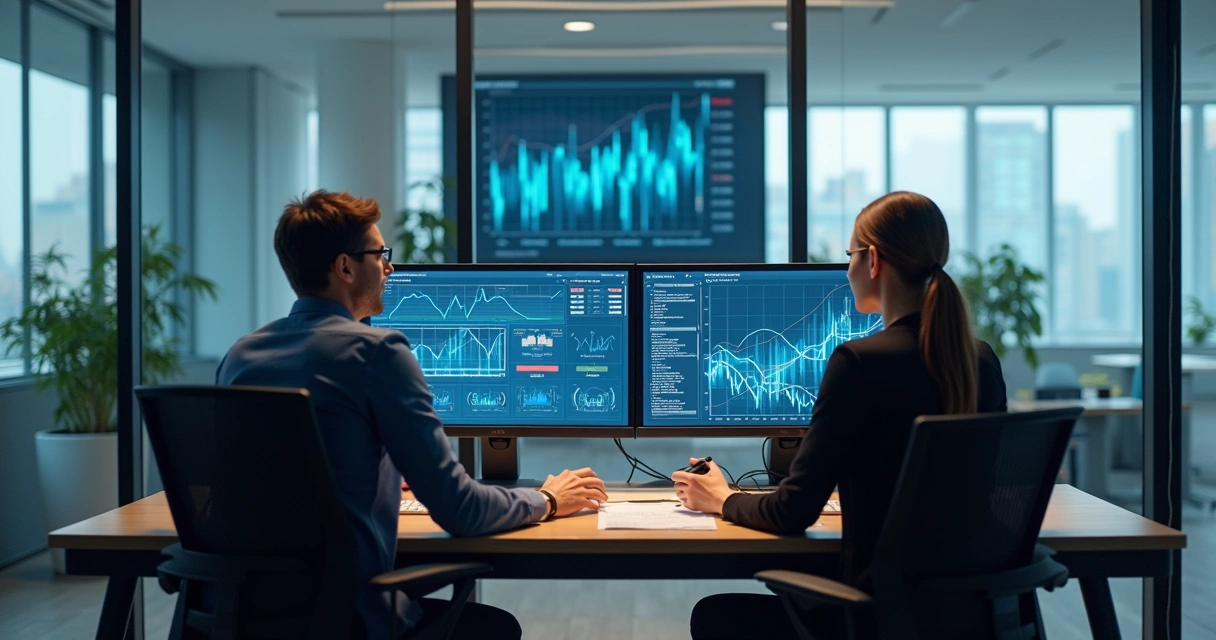 Escritório de contabilidade digital com profissionais analisando gráficos em computadores