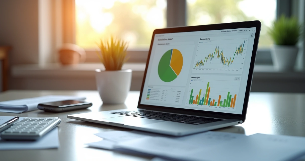 Mesa de escritório com laptop aberto mostrando gráficos financeiros, calculadora, documentos e caneta 