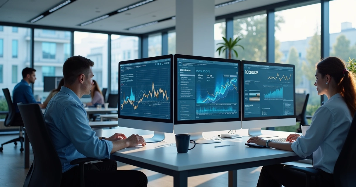 Escritório moderno com profissionais usando computadores para contabilidade online, telas mostrando gráficos financeiros e integração digital