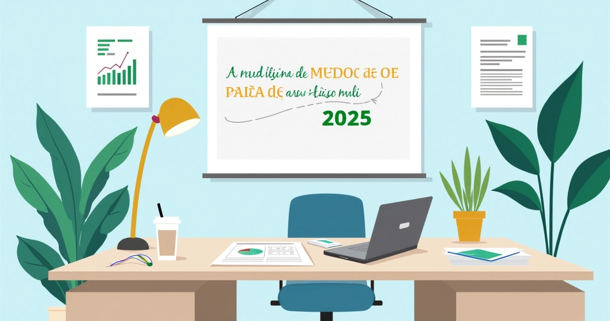 Escritório de contabilidade moderno com laptop, documentos sobre Imposto de Renda 2025 e uma planta decorativa.