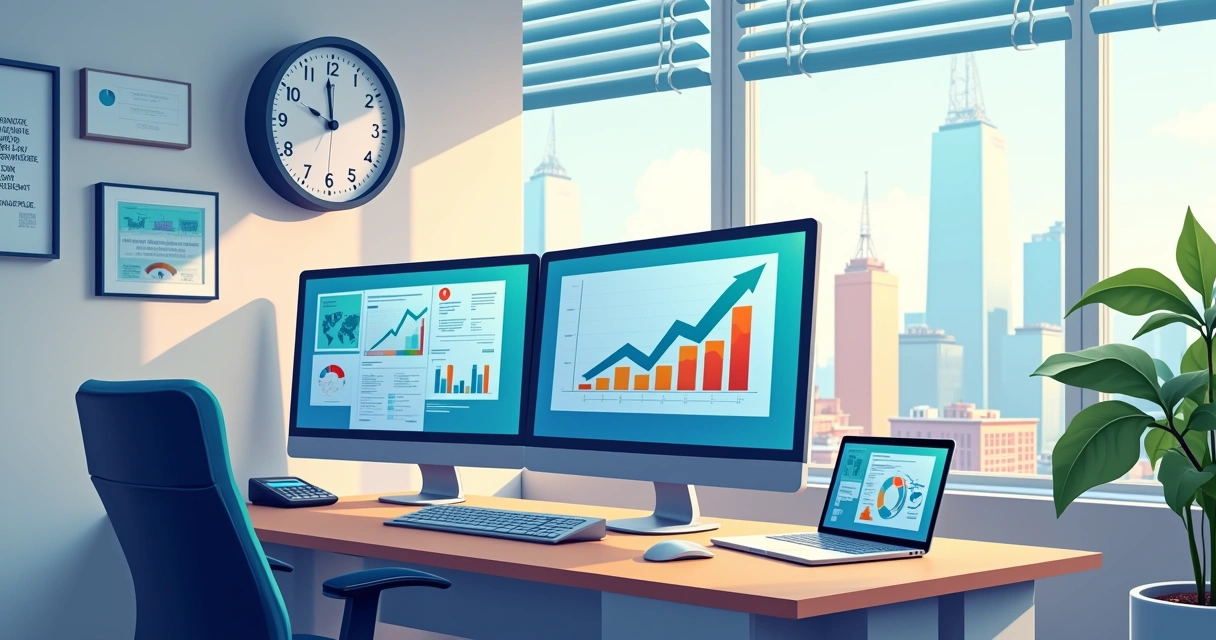 Ambiente moderno de escritório com estação de trabalho de contabilidade automatizada e gráficos financeiros.