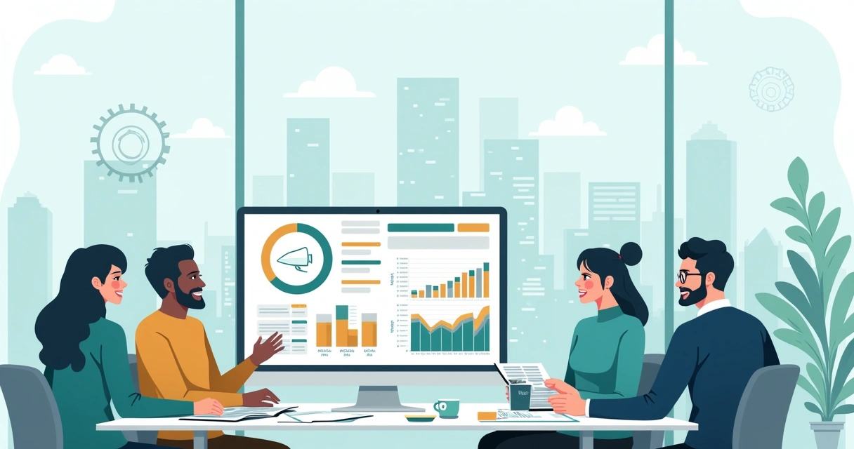 Escritório moderno de contabilidade com contadores discutindo sobre automação financeira e gráficos em tela.