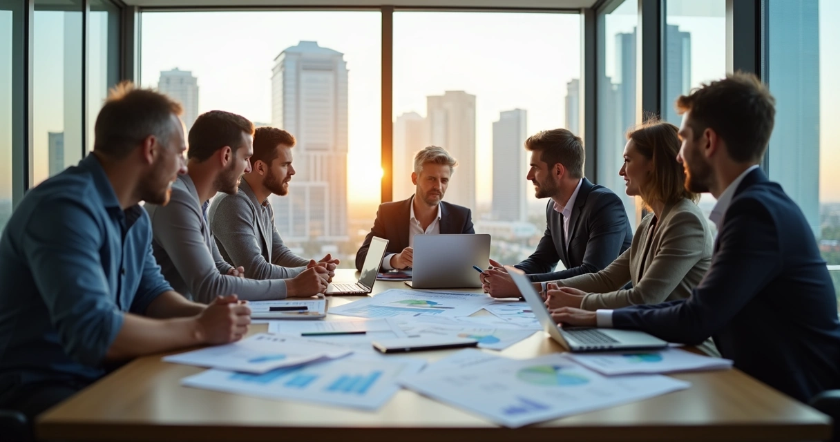 Empresários reunidos em sala de reunião analisando relatórios contábeis 