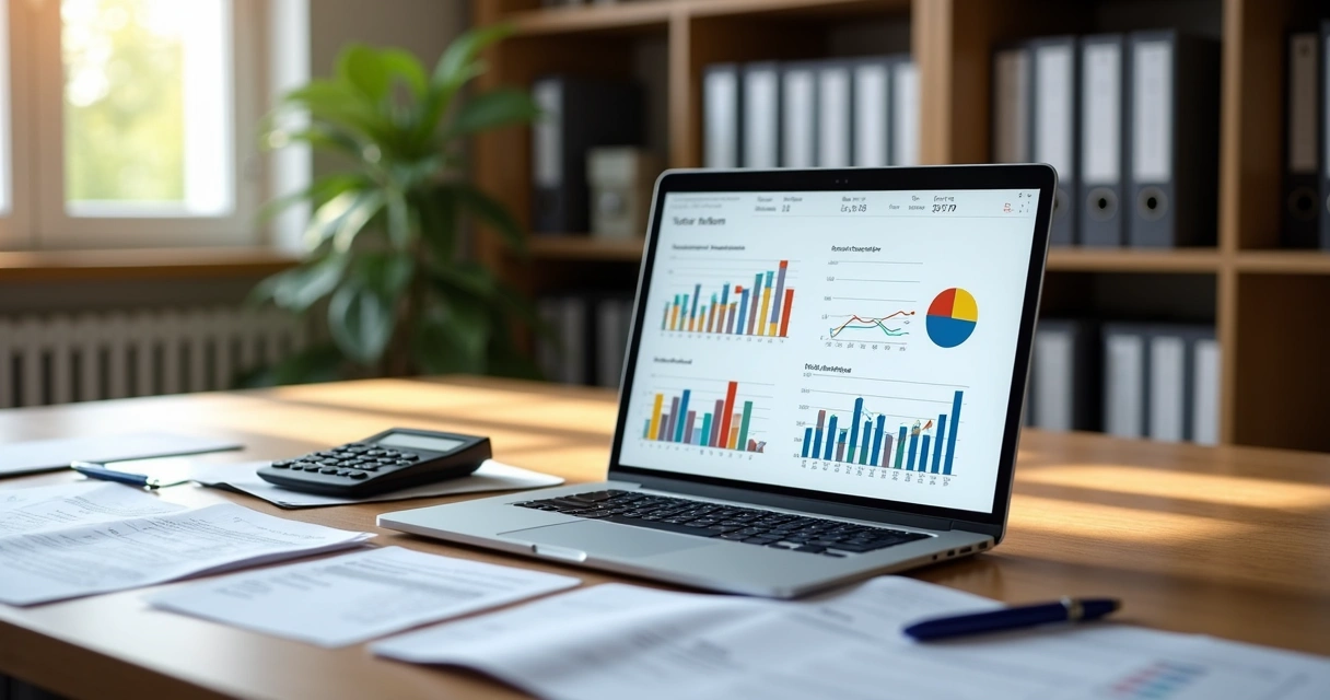 Mesa de escritório de contabilidade com documentos fiscais, laptop aberto mostrando gráficos tributários, calculadora e caneta sobre superfície de madeira clara 