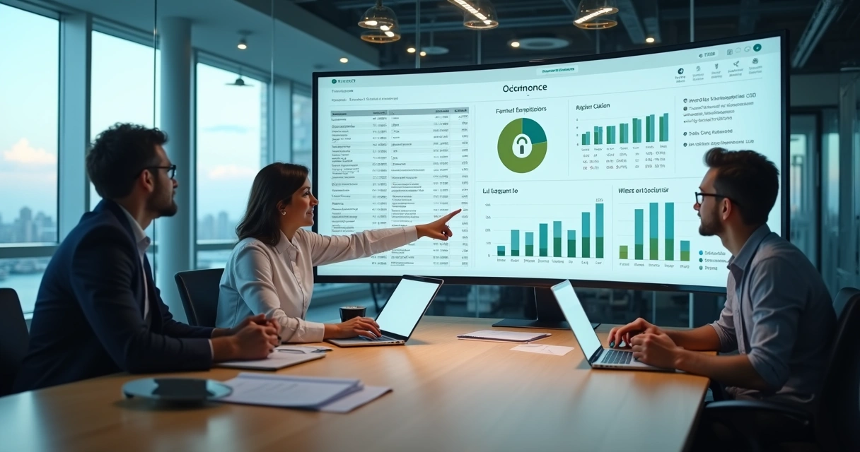 Equipe contábil usando sistema em nuvem com integração bancária em painel digital 