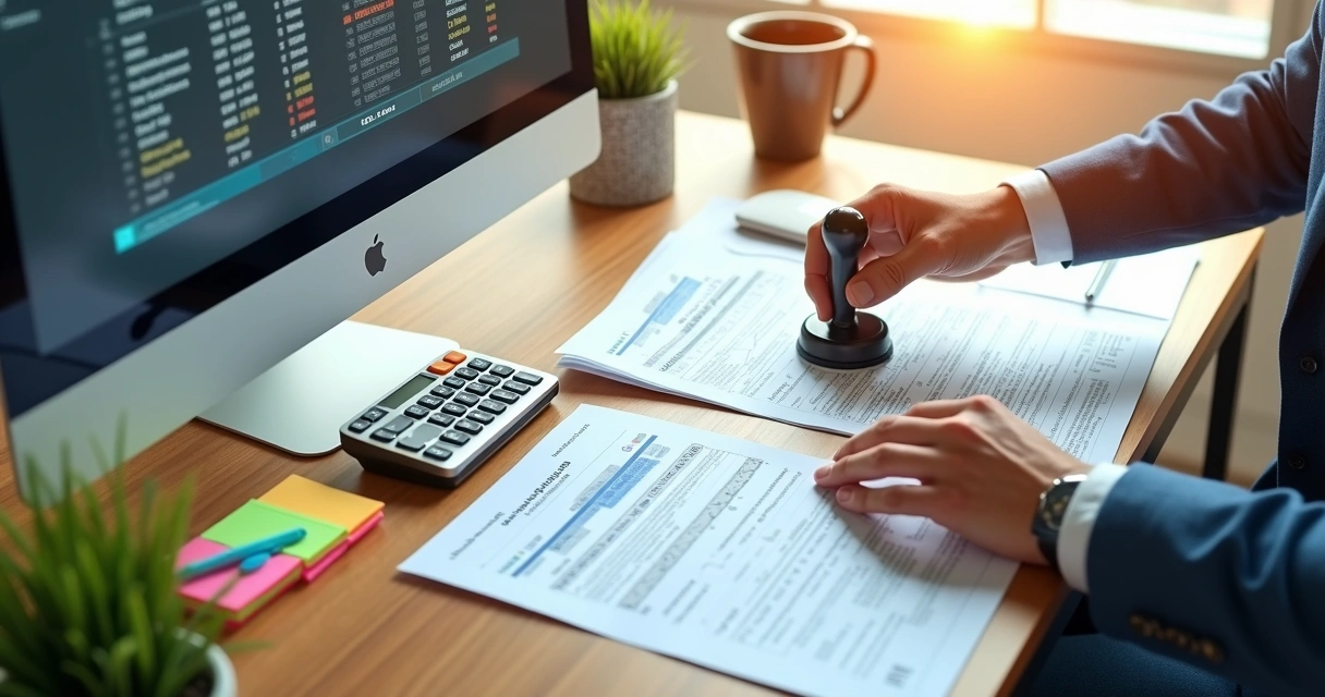 Mesa de escritório com papéis fiscais, computador, calculadora e uma mão segurando carimbo