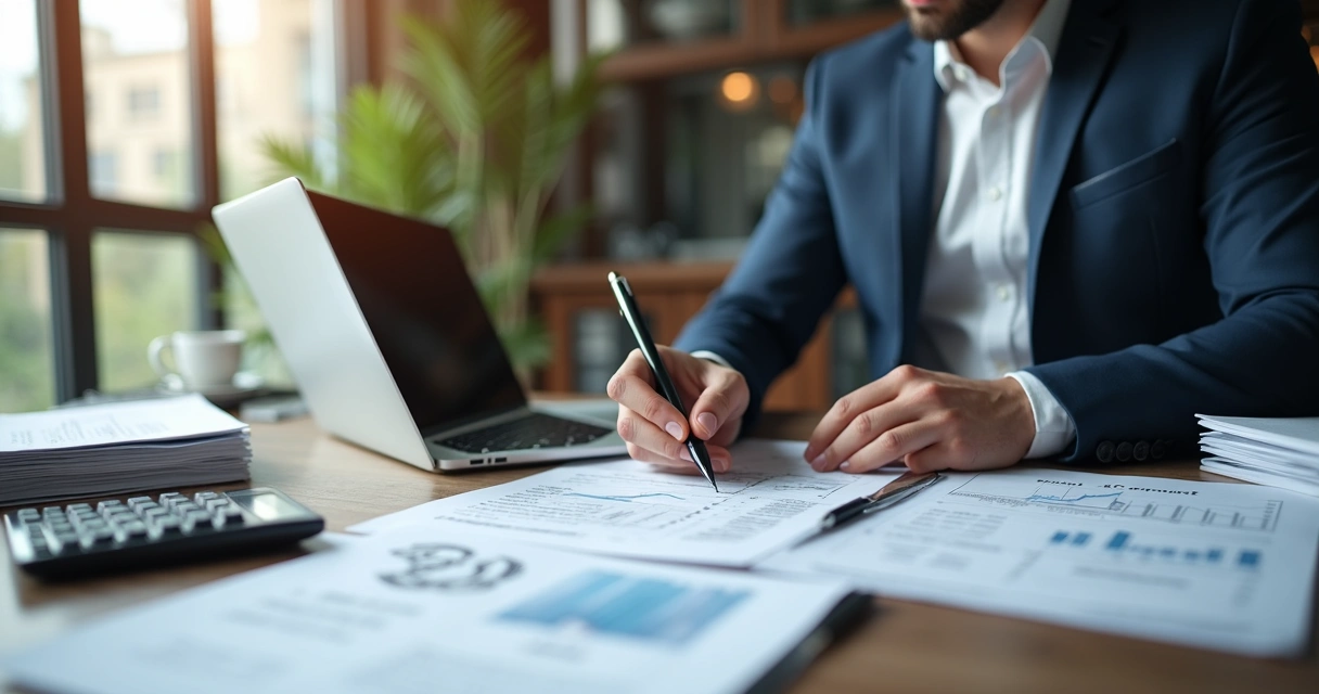 Contador analisando documentos e laptop na mesa em escritório 