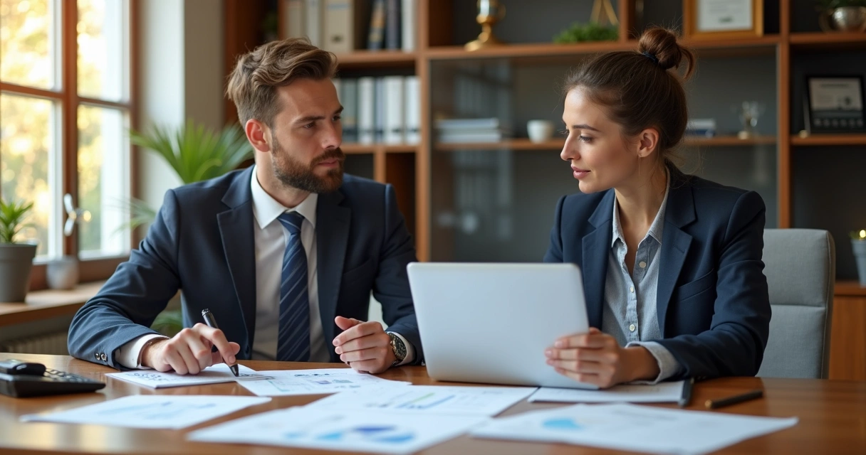 Contador revisando documentos em escritório com papéis e computador 