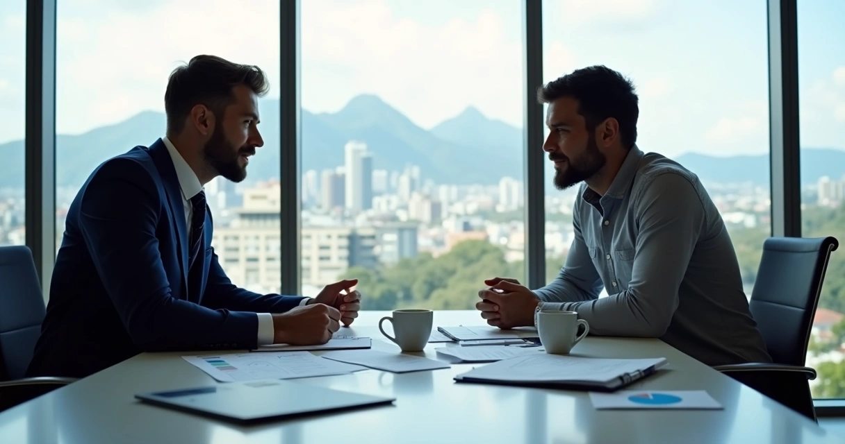 Interior de escritório de contabilidade moderno com contador e cliente analisando documentos 