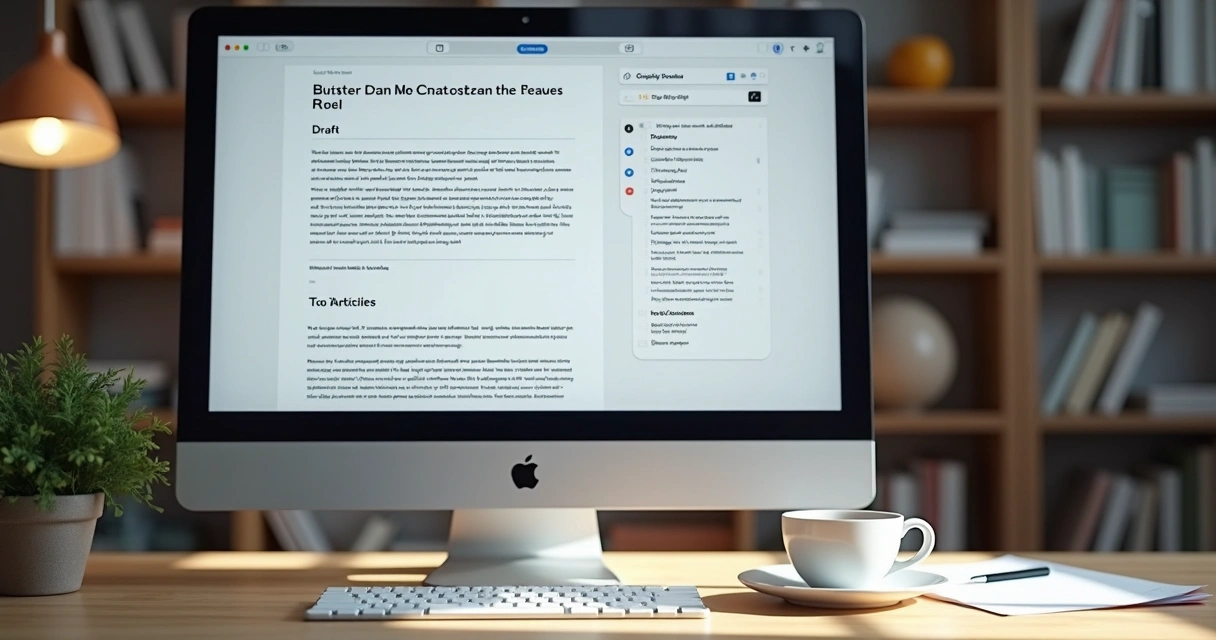 Computador moderno em uma mesa de escritório com gráficos, textos em rascunho e destaque para café ao lado. 