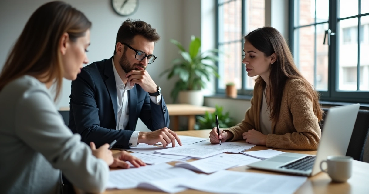 Reunião em escritório com papéis e contrato sendo analisado 
