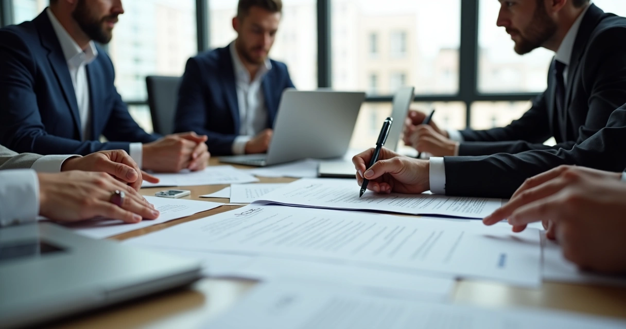 Reunião de equipe em escritório com documentos e contratos sobre a mesa 