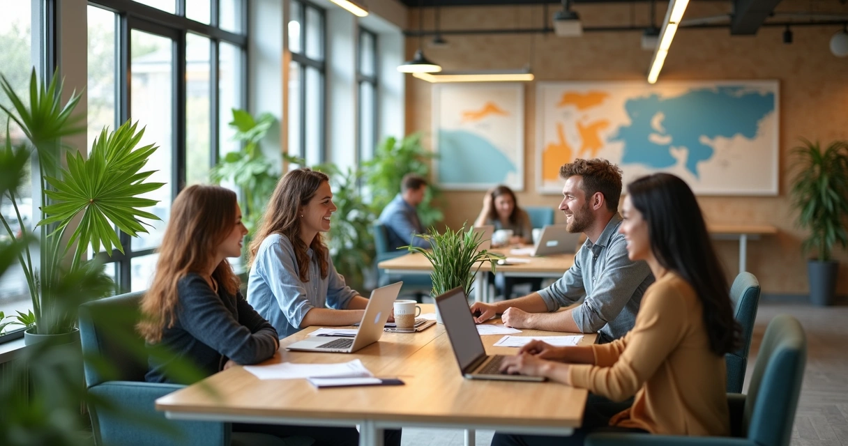 Ambiente de trabalho moderno com equipe reunida e clima positivo 