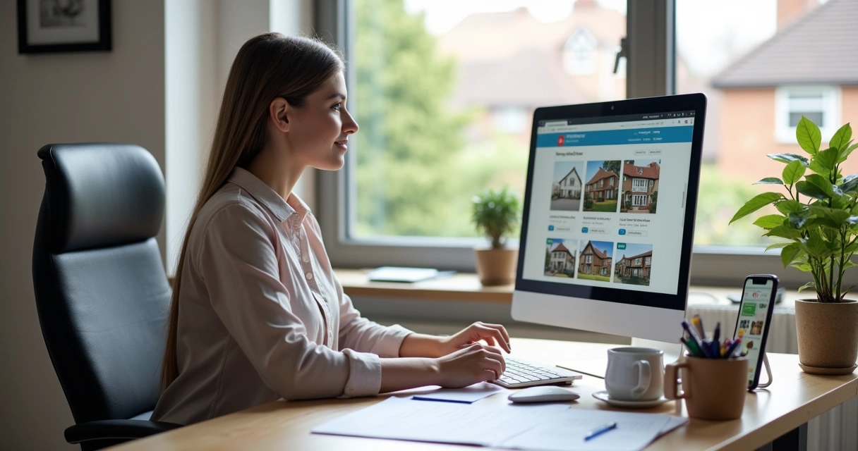 Corretor de imóveis trabalhando em escritório com computador e papéis de imóveis 