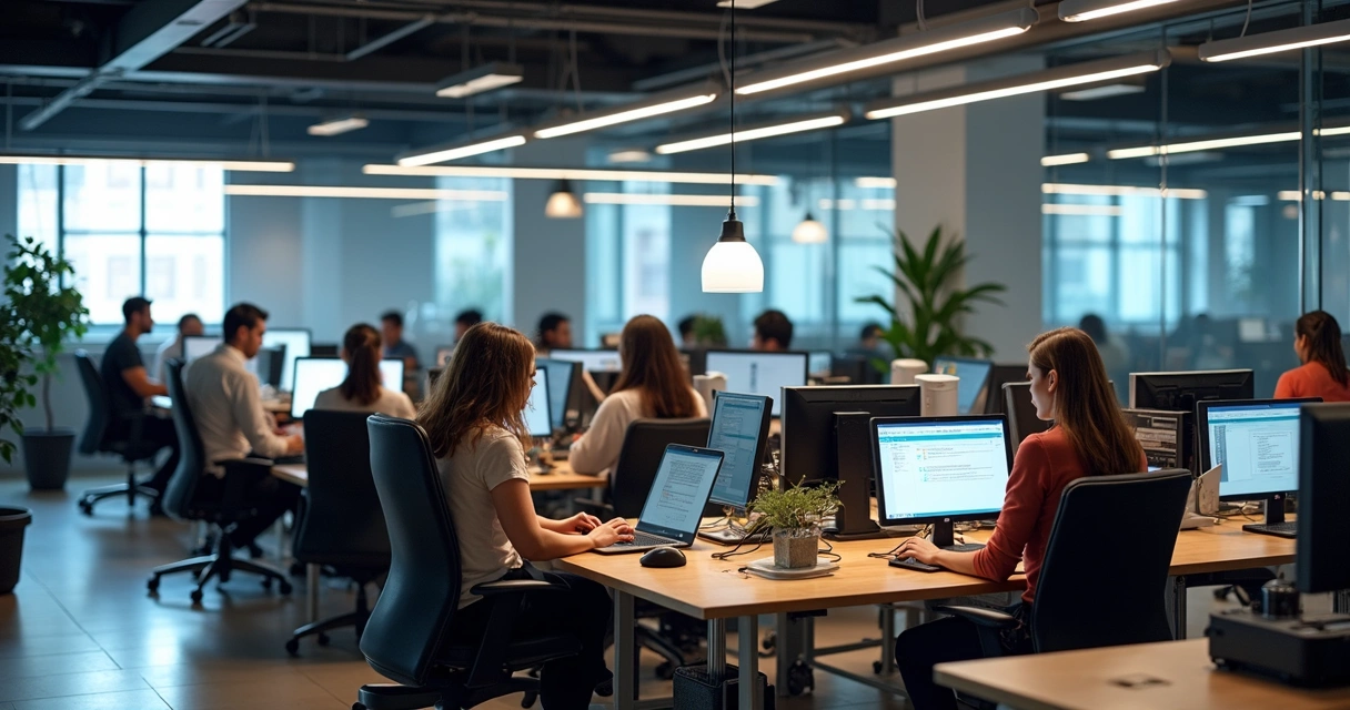 Ambiente compartilhado de coworking com pessoas usando notebooks e telas, estrutura moderna e cabos de rede visíveis 