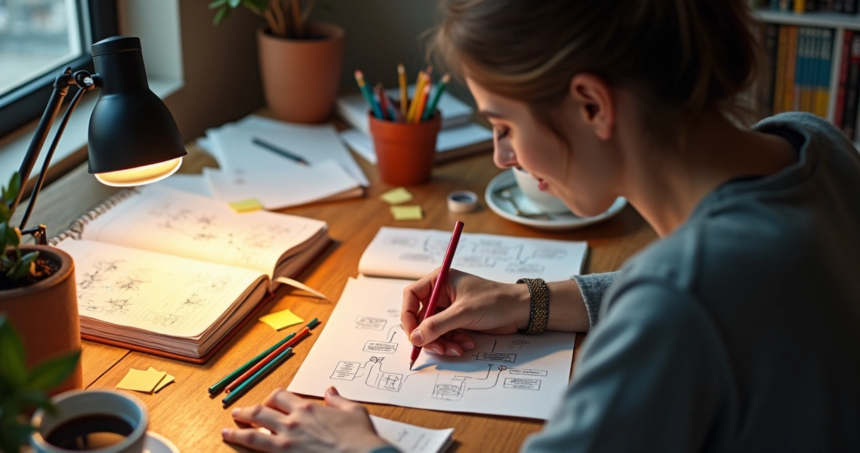 Persona en un escritorio rodeada de cuadernos y objetos creativos 