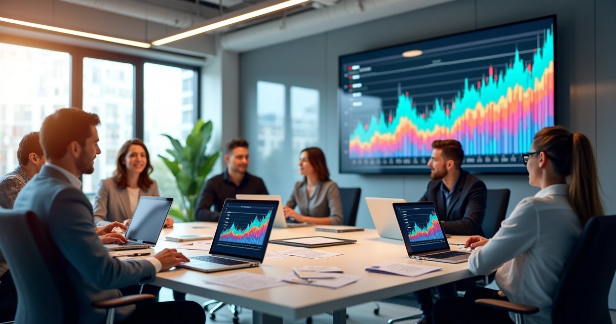 Equipe de contabilidade em ambiente moderno com telas mostrando gráficos de crescimento 
