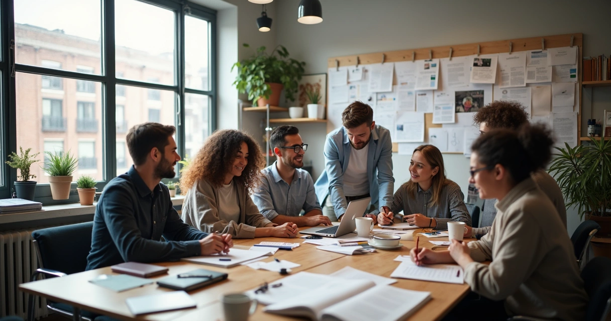Ambiente de escritório com pessoas trabalhando em textos publicitários e conteúdo digital 