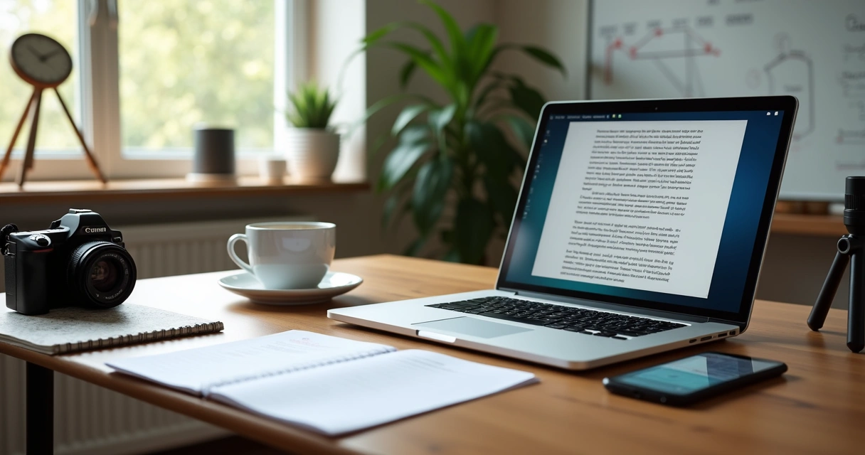 Ambiente de trabalho de criador de conteúdo com notebook e câmera 