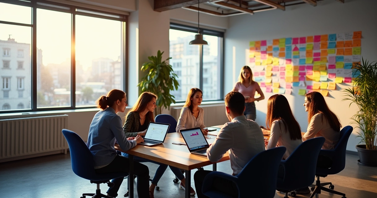 Equipe criativa discutindo estratégias em um escritório moderno 