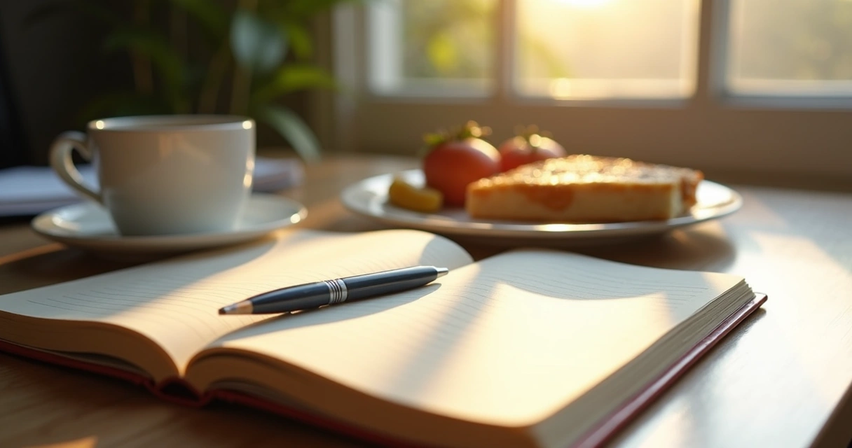 Cuaderno abierto junto a taza de café y desayuno en escritorio iluminado por la mañana. 