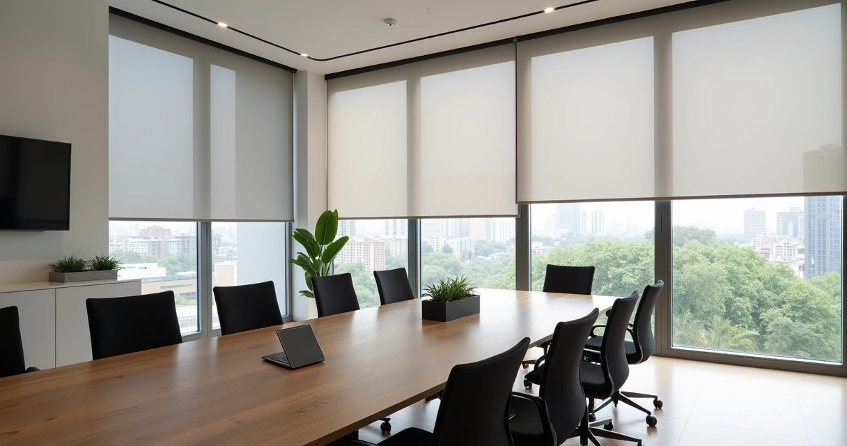 Escritório moderno em Curitiba com persianas sob medida controlando a luz natural 