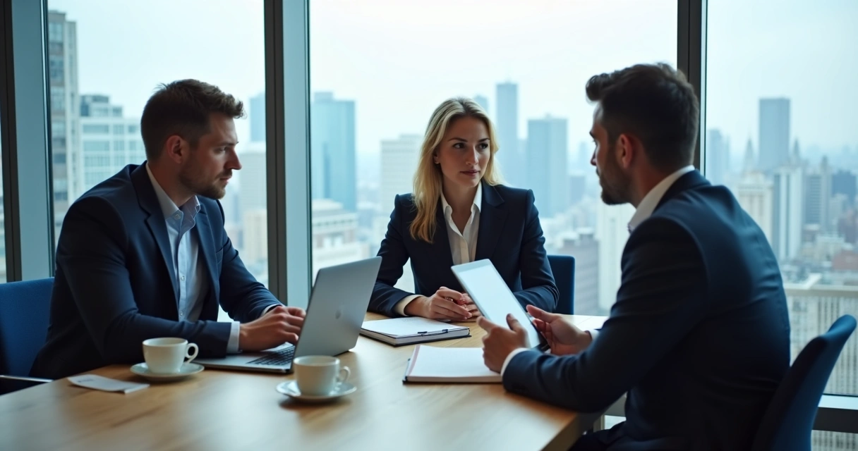 Advogados em escritório moderno produzindo conteúdo