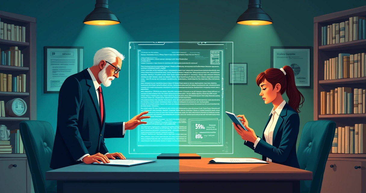Cena de um escritório de advocacia com advogado preocupado e colega confortável usando software jurídico moderno.